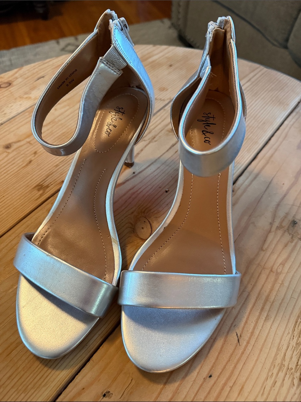 Style & Co. Metallic Silver Ankle-Strap Heels